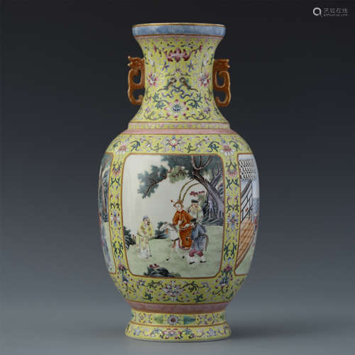 A Chinese Enameled Yellow Ground Porcelain 'Figure' Vase with Twin Handles