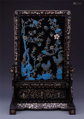 A Chinese Bird Feather Table Screen and Rosewood Stand Inlaid with Mother of Pearl