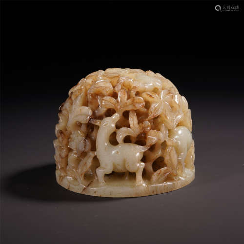 An Exquisite Chinese Russet Jade Finial Carved with Crane and Deer