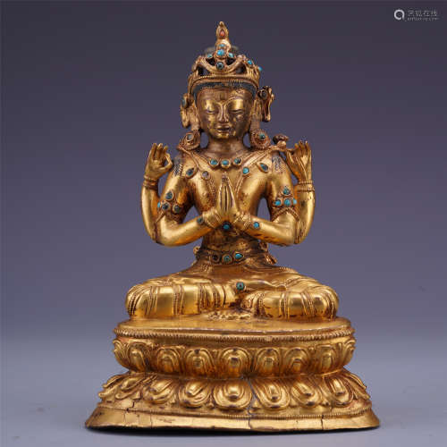 A Chinese Gilt Bronze Figure of Four-armed Guanyin