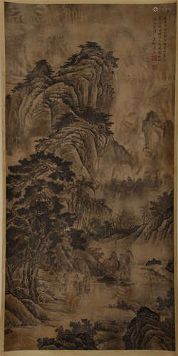 A Chinese Hanging Painting Scroll of Landscape by Tang Yin, ink on silk