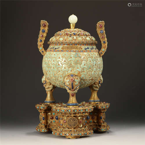 An Exquisite Chinese Silver Incense Burner inlaid with Treasure Stones