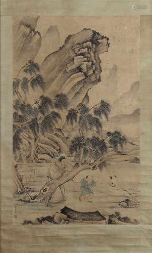 A Chinese Hanging Painting Scroll of Landscape and Figure by Jin Yanbiao, ink on paper