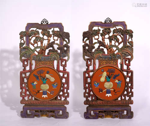 A Pair of Chinese Carved Wood Openwork Panel Embellished with Treasures