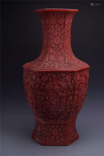A Chinese Red Lacquer  Landscape Vase