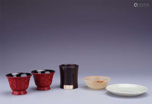 A Set of Zitan Cup, Cinnabar Lacquer Cup, Jade Bowl and Porcelain Saucer