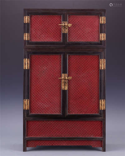 A Chinese Zitan and Cinnabar Lacquered  Cabinet