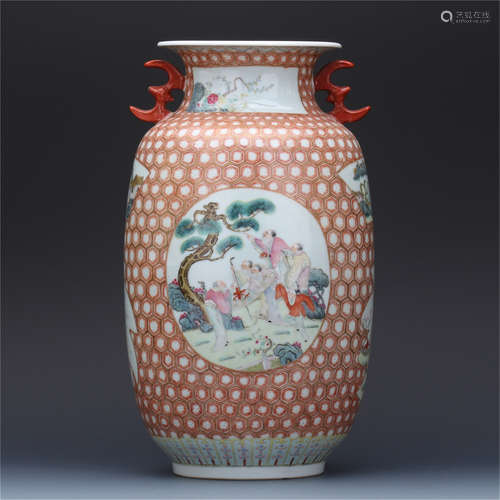 A Chinese Famille Rose 'Figure' Vase with Twin Handles