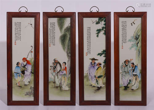 Four Chinese Famille Rose 'Figure' Porcelain Panels