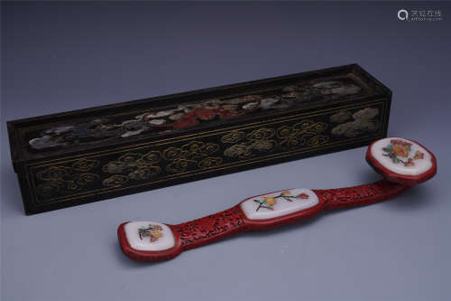 A Chinese Cinnabar Lacquer Jade Scepter and Wooden Box