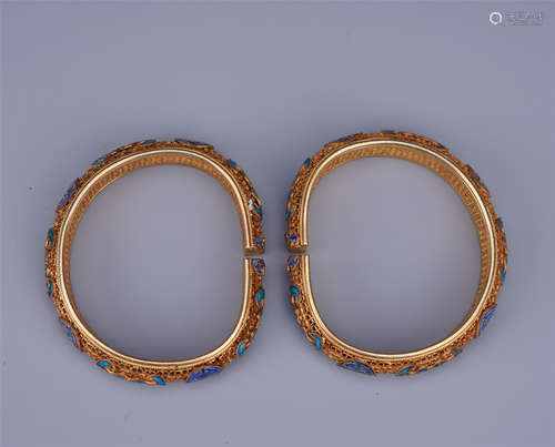 A Pair of Chinese Silver Gilt Filigree Bangles