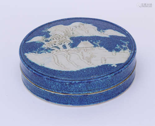 A Chinese Blue-splashed and White Ceramic Box and Cover