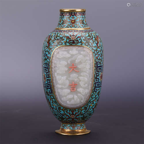 A Fine Chinese Cloisonne Enameled Wall Vase Inlaid with White Jade Character of 'Da Ji'