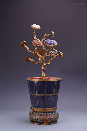 A Rare and Unusual Chinese Lapis 'Lingzhi' Bonsai with Multi-color Hardstones