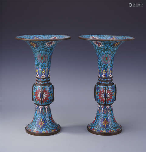 A Pair of Chinese Cloisonne Enameled Gu Vase