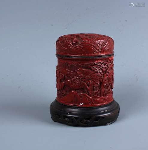 A Chinese Cinnabar  red Lacquer Circular Box with Base