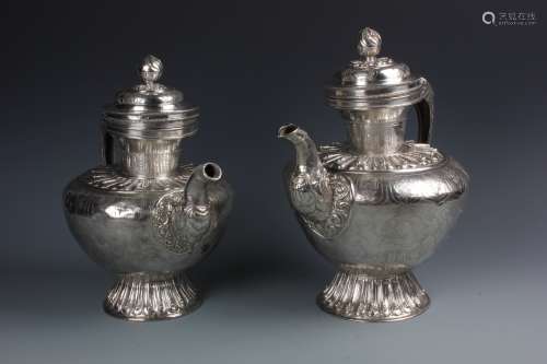 Pair of Chinese Carved Silver Teapot with Dragon Motif