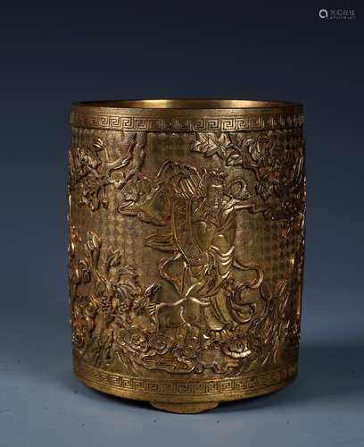 A Chinese Cast Gilt Bronze Cylindrical Brush Pot