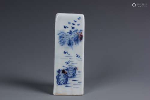 A Rare Chinese Carved Blue and White and Iron Red Porcelaine Seal