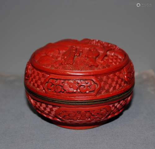 A Chinese  Carved Cinnabar Red Lacquer Circular Box with Figurines