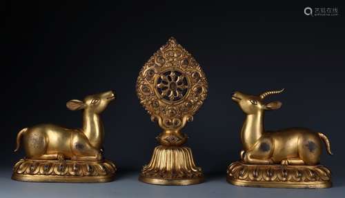 Pair of Rare Chinese Cast Gilt Bronze Beasts and Stupa