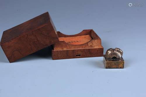 A Chinese Carved Silver Gilt  Seal with Matching Box