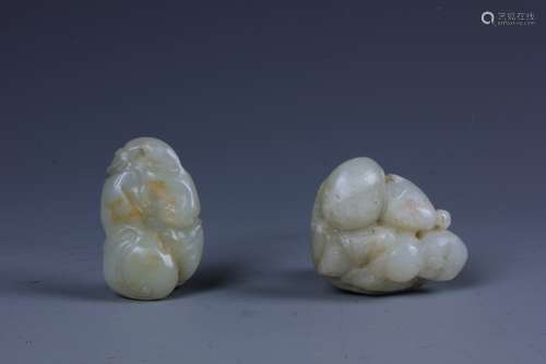 Two Chinese Jade  Carving Depicting Boy Playing with Bats