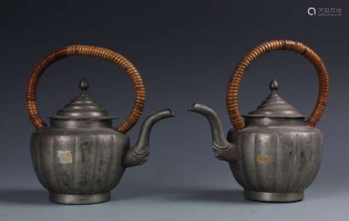 Pair of Chinese  Tin  Melon Shaped Teapot