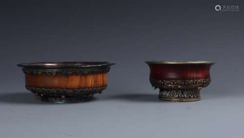 Two Chinese Coconut Shell Bowls  with Silve-mount Rim embellished with Coral and Turquoise