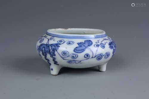 A Chinese Carved Blue and White Tripod Censer