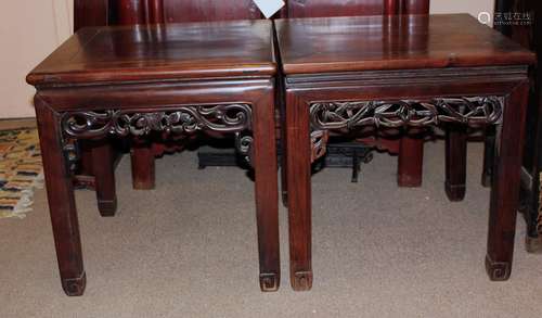 Pair of Fine  Carved  Chinese Rosewood TablePair of Old Mahogany Squares Table