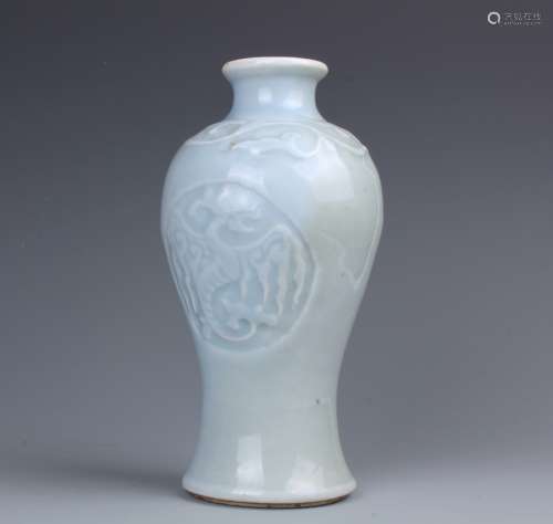 A Chinese Carved Celdon Blue  Glazed Porcelain  Vase ,Meiping with Qianlong Mark