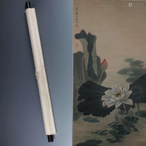 A Chinese Painting Scroll Depicting Lotus Signed by Chen Zhifu