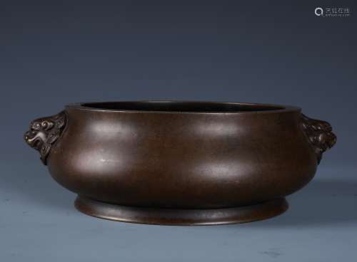 A Chinese Bronze Circular Censer with Twin Lion Handles