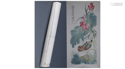 A Chinese  Painting Scroll Depicting Aix galericulata Swmming amongst the lotus in the river  Signed by Shen xiaoqin