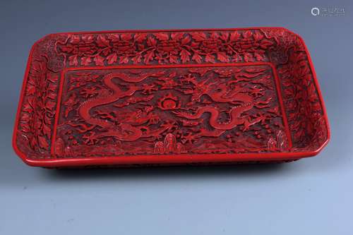 A  Chinese Carved Red Lacquer Cinnabar  Rectangular Shaped Dragon  Dish