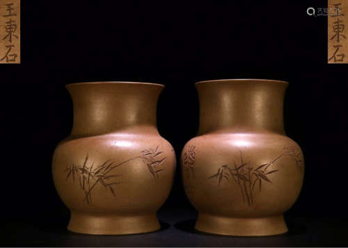 PAIR OF ZISHA VASES WITH BAMBOO CARVING&MARKING