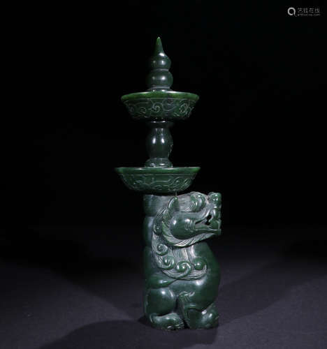 A HETIAN JADE CANDLE POT CARVED CUTE LION PATTERN