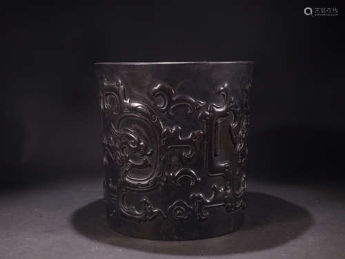 A ZITAN WOOD BRUSH POT OF DRAGON PATTERN CARVED