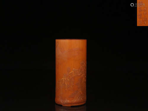 A BAMBOO BRUSH POT WITH LANDSCPAE CARVING