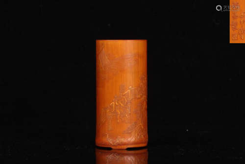 A BRUSH POT WITH STORY-CARVING