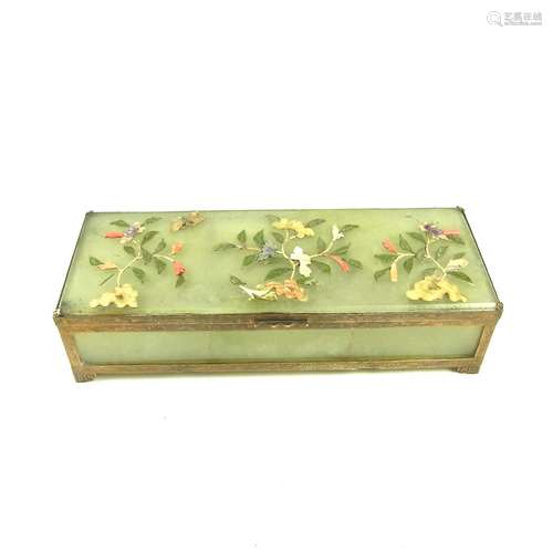 A Chinese brass mounted translucent carved stone jewellery box, probably early 20th century.