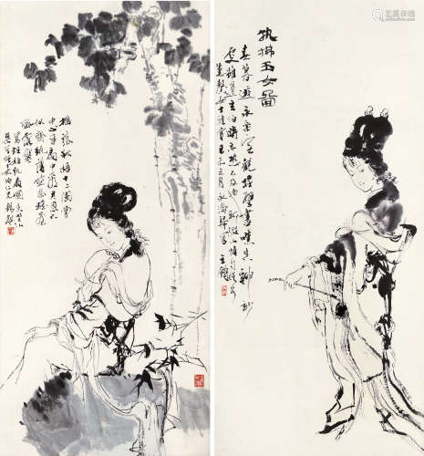 王锡麒 b.1938 玉女图 （二件） 立轴  水墨纸本
