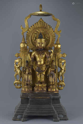 A Chinese gold gilded bronze statue of standing Buddha with two followers each side. A detachable fr