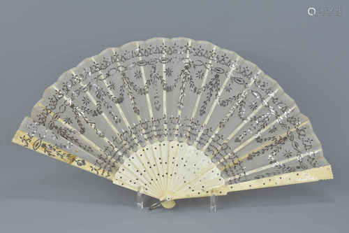 19th century Continental Ivorine and Lace Fan with Silver Coloured Sequin Decoration contained in a