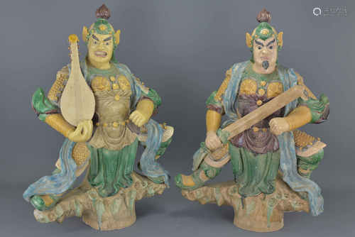 Two large Chinese sancai glazed pottery roof-tile Gods of Heaven figures. 44cm x 60cm approx.