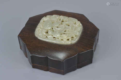 18th / 19th century Chinese Zitan Wood Shaped Box with a Carved Celadon Jade Panel to lid, 11cms wid