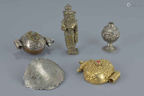 Collection of Five Tibetan Items including White Metal Amulet Box (8cms high), Gilt Metal Amulet Box