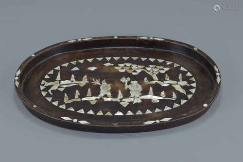 Chinese Wooden Lacquered Oval Tray with Mother of Pearl Inlay depicting Figures in a Landscape, 31cm