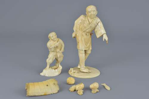 A Japanese ivory Okimono figure together with one sectional figure and pieces. 16Cm and 9cm tall